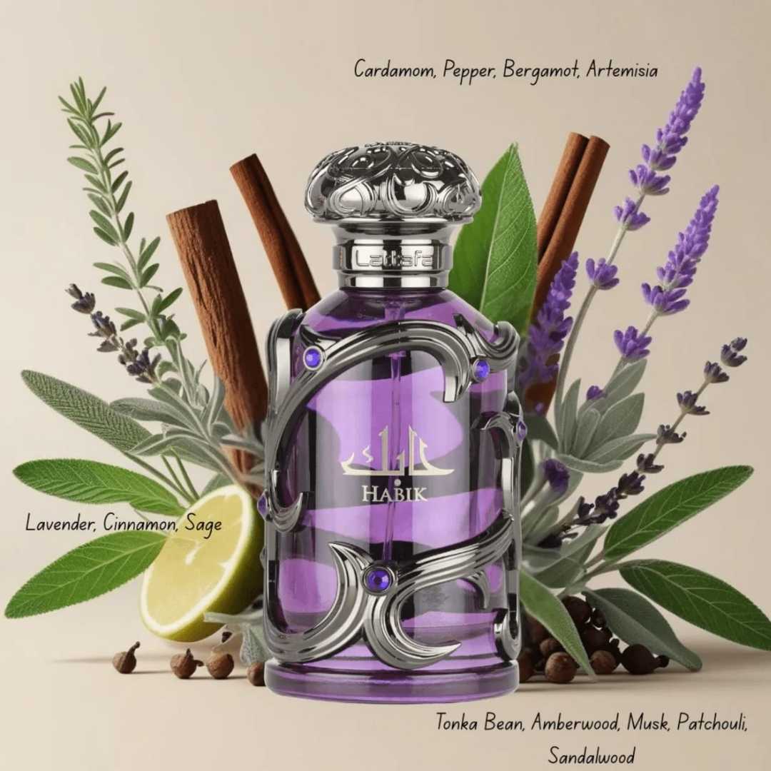 Lattafa Habik for Him men's perfume bottle displayed with fragrance ingredients including cardamom, pepper, bergamot, artemisia, lavender, cinnamon, sage, tonka bean, amberwood, musk, patchouli, and sandalwood.