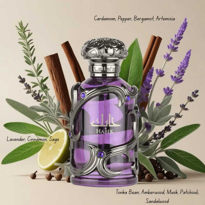 Lattafa Habik for Him men's perfume bottle displayed with fragrance ingredients including cardamom, pepper, bergamot, artemisia, lavender, cinnamon, sage, tonka bean, amberwood, musk, patchouli, and sandalwood.