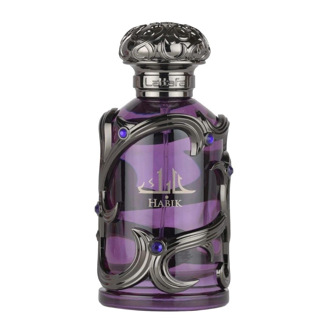 Lattafa Habik for Him luxury men's perfume bottle in deep purple glass with silver ornate detailing, showcasing an elegant masculine fragrance design.