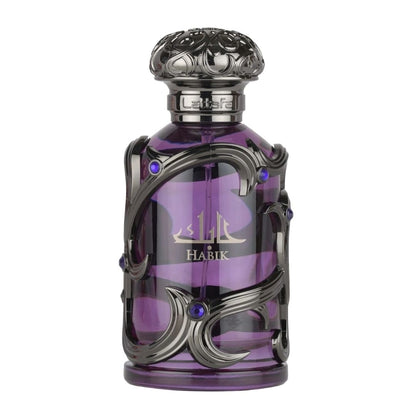 Lattafa Habik for Him luxury men's perfume bottle in deep purple glass with silver ornate detailing, showcasing an elegant masculine fragrance design.