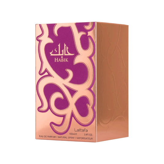 Lattafa Habik for women eau de parfum 100ml luxury packaging featuring a pink and rose gold box with ornate patterns and refined feminine branding.