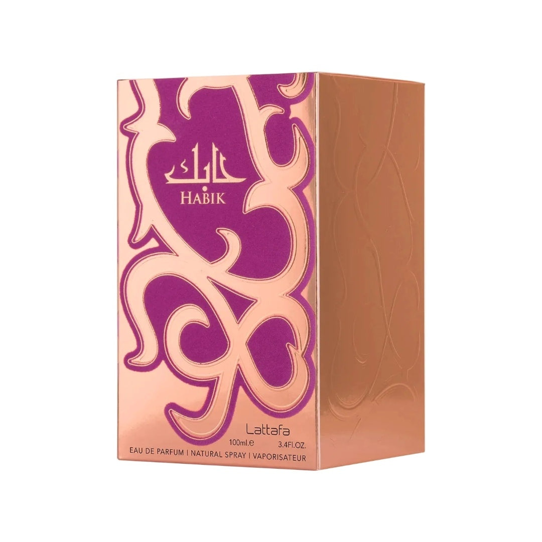 Lattafa Habik perfume box packaging in rose gold and purple design for 100ml eau de parfum, showcasing the elegant luxury fragrance presentation.