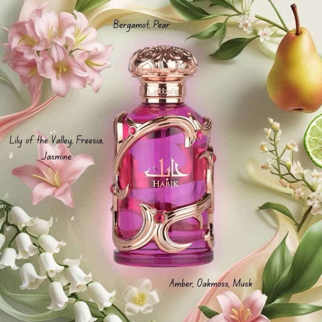 Lattafa Habik women's perfume bottle surrounded by fragrance ingredients including bergamot, pear, lily of the valley, freesia, jasmine, amber, oakmoss, and musk illustrating the floral fruity perfume notes.