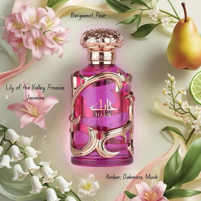 Lattafa Habik women's perfume bottle surrounded by fragrance ingredients including bergamot, pear, lily of the valley, freesia, jasmine, amber, oakmoss, and musk illustrating the floral fruity perfume notes.