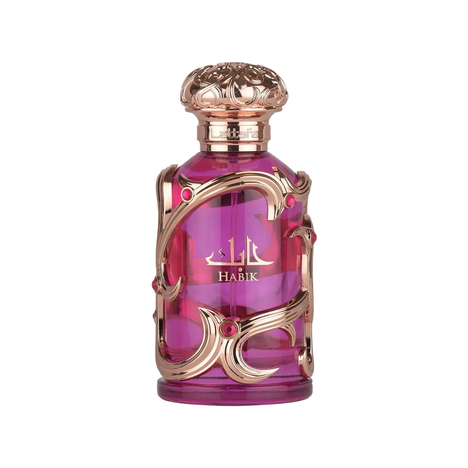 Lattafa Habik luxury women's perfume bottle in pink glass with ornate gold detailing isolated on a clean background, showcasing an elegant floral fruity fragrance design.