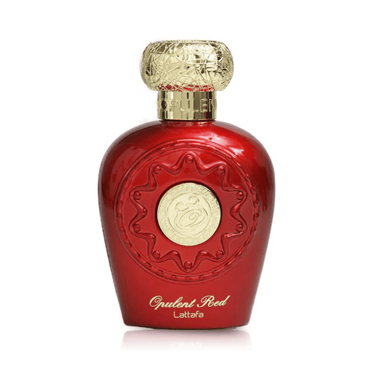 Lattafa-Opulent-Red perfume bottle with gold cap on a white background