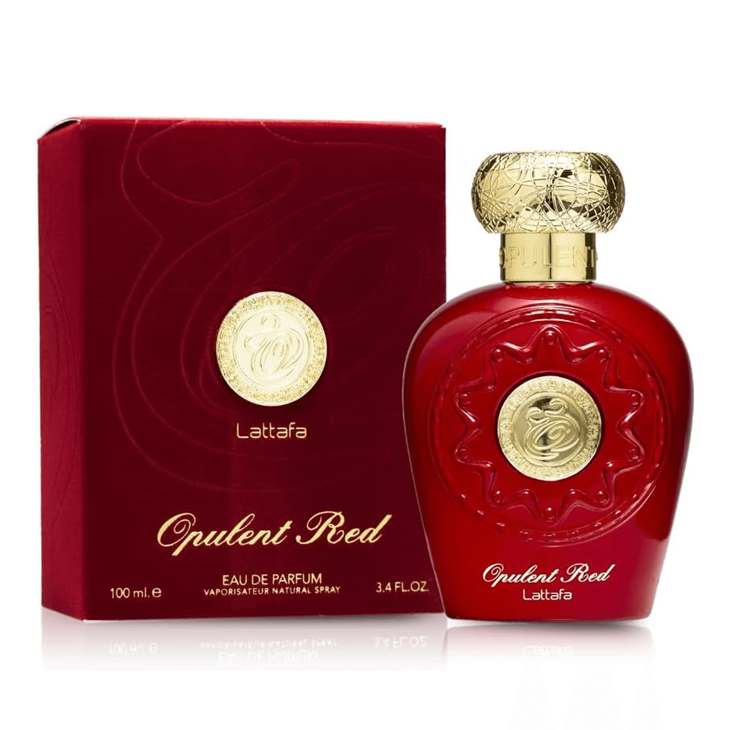 Red Lattafa Opulent Red perfume bottle and packaging on a white background