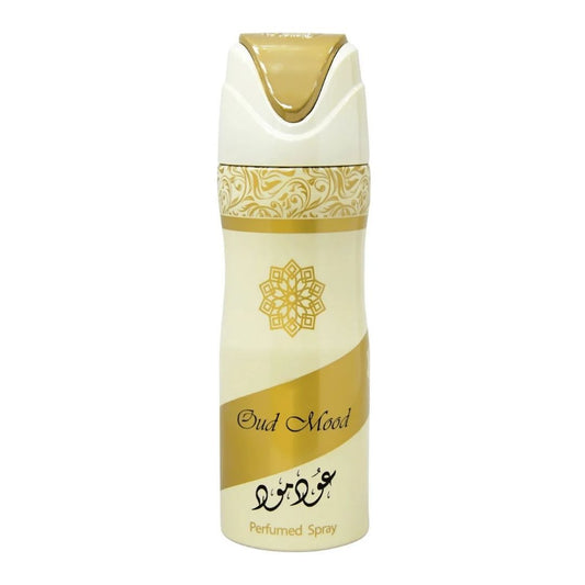 Lattafa Oud Mood perfumed body spray deodorant with elegant gold and cream design, long-lasting Arabian oud fragrance for men and women.
