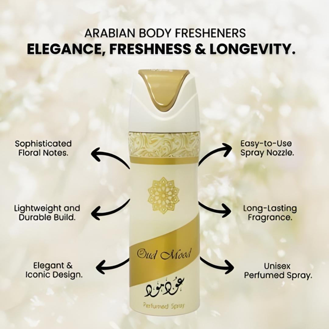 Lattafa Oud Mood perfumed body spray showcasing Arabian body freshener features including long-lasting fragrance, floral notes, and elegant oud-inspired design.