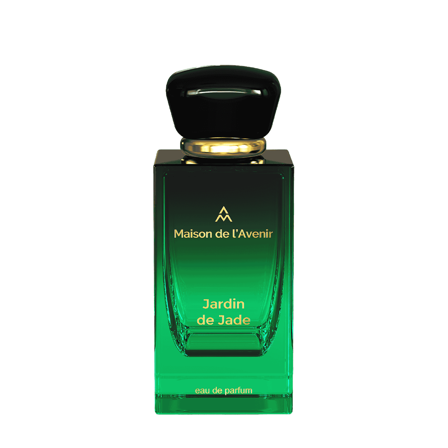 Maison de l’Avenir Jardin de Jade eau de parfum bottle with emerald green gradient glass and black cap, showcasing a luxury niche fragrance design.