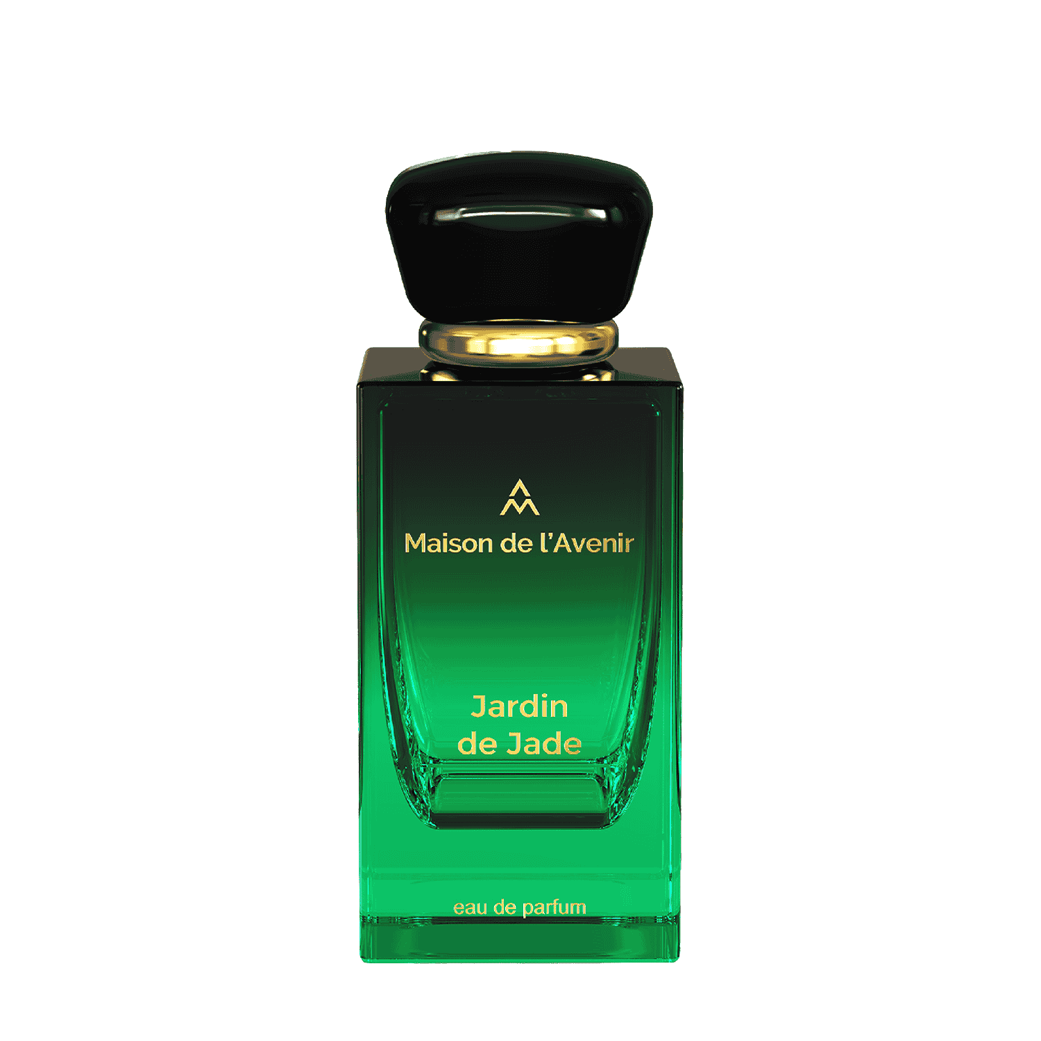 Maison de l’Avenir Jardin de Jade eau de parfum bottle with emerald green gradient glass and black cap, showcasing a luxury niche fragrance design.
