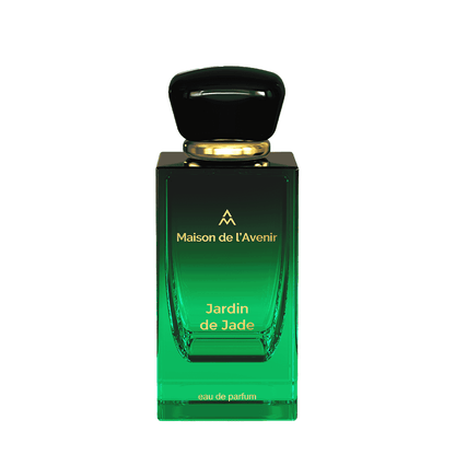 Maison de l’Avenir Jardin de Jade eau de parfum bottle with emerald green gradient glass and black cap, showcasing a luxury niche fragrance design.