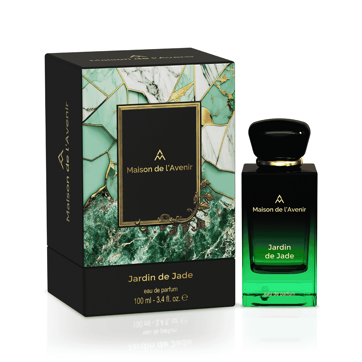 Maison de l’Avenir Jardin de Jade eau de parfum bottle with green gradient glass displayed beside its luxury marble design packaging box.