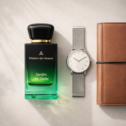 Maison de l’Avenir Jardin de Jade eau de parfum bottle in green gradient glass displayed beside a silver watch and brown leather notebook, highlighting a modern luxury lifestyle fragrance.