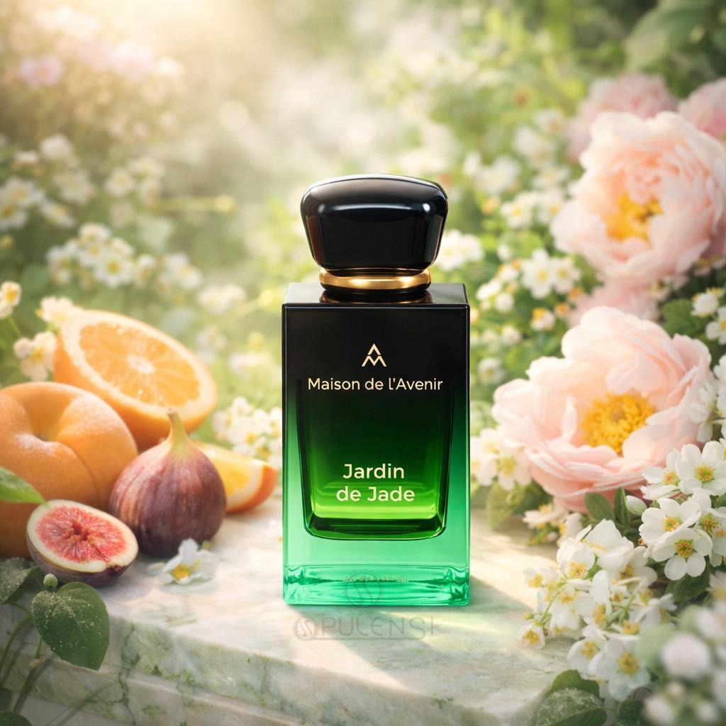 Maison de l’Avenir Jardin de Jade eau de parfum bottle displayed with orange, fig, and blooming flowers in a garden setting, representing a fresh fruity floral luxury fragrance.