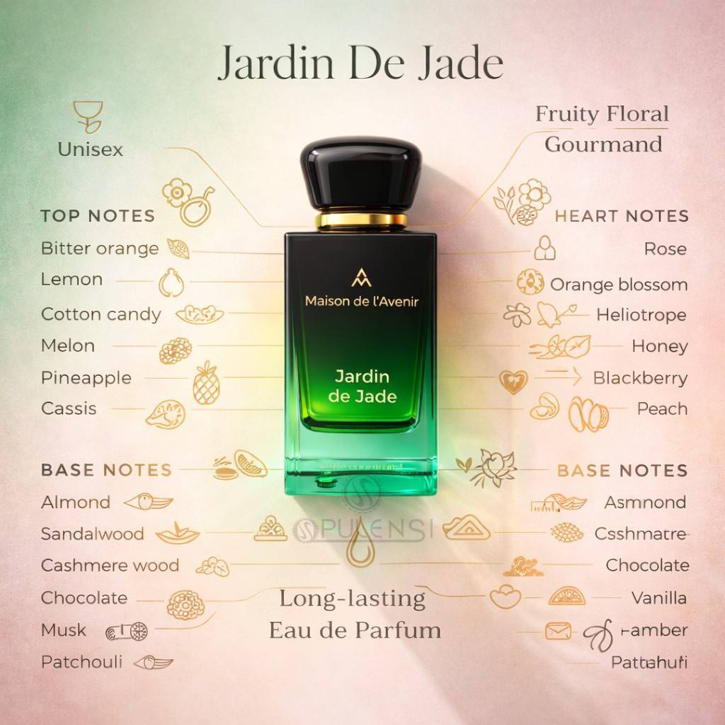 Maison de l’Avenir Jardin de Jade eau de parfum fragrance notes infographic showing fruity floral gourmand profile with notes of bitter orange, lemon, melon, pineapple, rose, orange blossom, honey, vanilla, chocolate, sandalwood, musk, and patchouli.