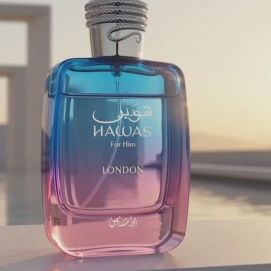 Rasasi Hawas London Eau de Parfum 100ml bottle by sea
