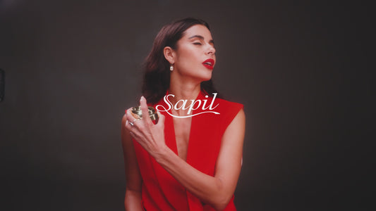Sapil Rouge Eau de Parfum 100ml video model wearing red dress