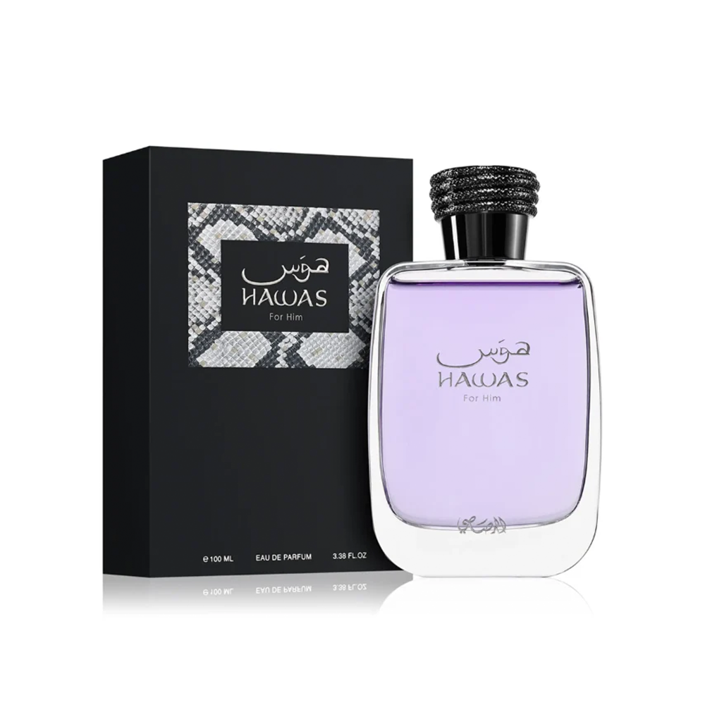Rasasi Hawas For Him Eau de Parfum 100ml luxury men's fragrance bottle with purple liquid and black packaging box.