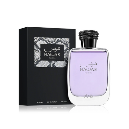 Rasasi Hawas For Him Eau de Parfum 100ml luxury men's fragrance bottle with purple liquid and black packaging box.