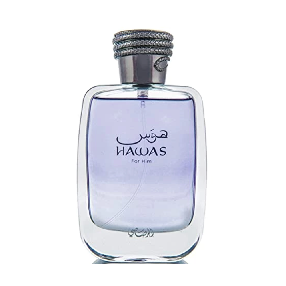 Rasasi Hawas For Him Eau de Parfum 100ml men’s perfume bottle with light purple fragrance and silver cap.