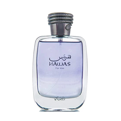 Rasasi Hawas For Him Eau de Parfum 100ml men’s perfume bottle with light purple fragrance and silver cap.