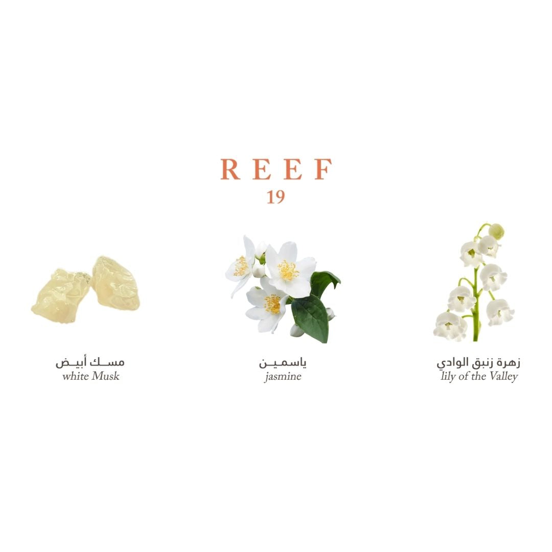 Fragrance notes artwork for Reef 19 unisex eau de parfum 100ml, featuring white jasmine flowers, delicate lily-of-the-valley, and warm resin accents on a black luxury background.