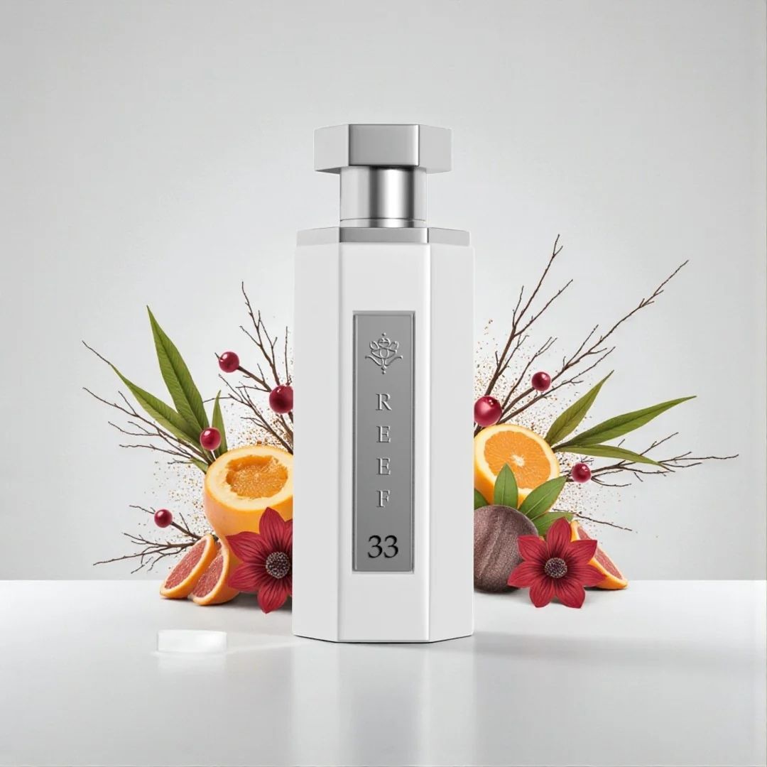 Reef 33 luxury perfume bottle in elegant white design surrounded