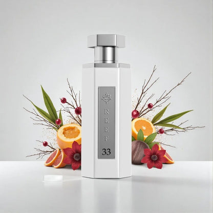 Reef 33 luxury perfume bottle in elegant white design surrounded