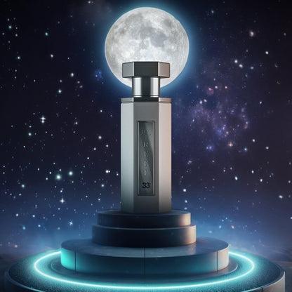 Reef 33 luxury perfume bottle displayed under a glowing full moon in a starry night setting, representing a mysterious and elegant oriental fragrance.