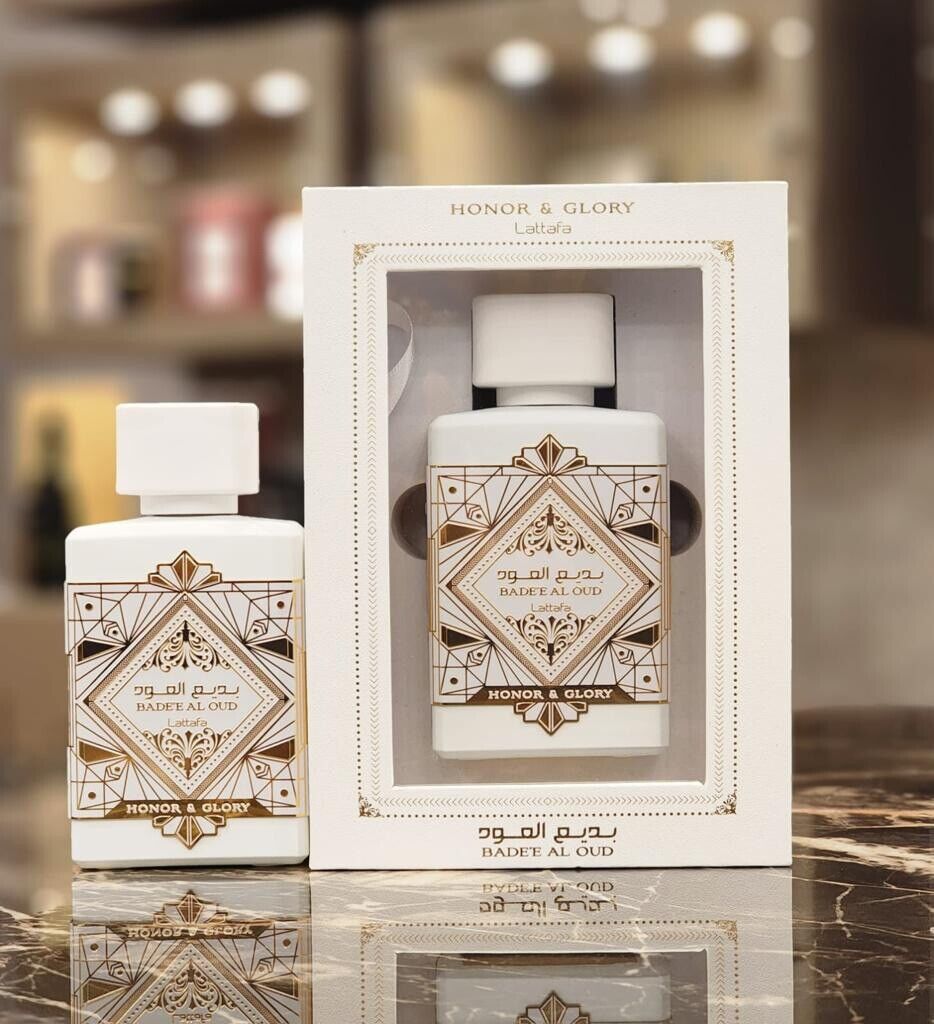 Badee Al Oud Honor and Glory by Lattafa bottle and box in shop display
