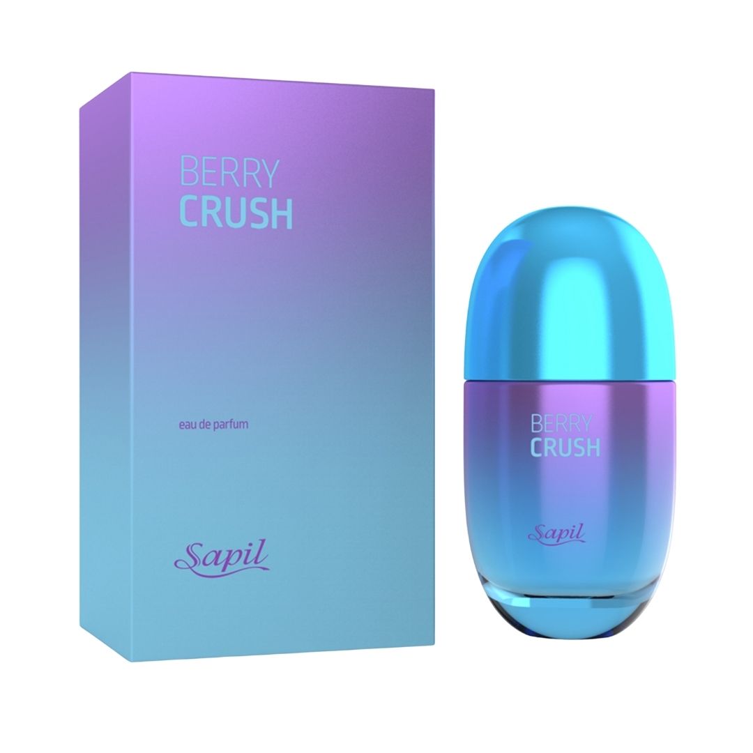 Sapil Berry Crush Eau De Parfum perfume bottle with metallic blue purple gradient design and matching retail box packaging
