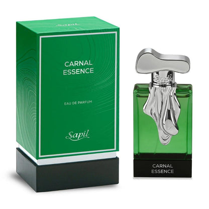 Sapil Carnal Essence Eau De Parfum luxury green perfume bottle with silver cap and matching retail box packaging