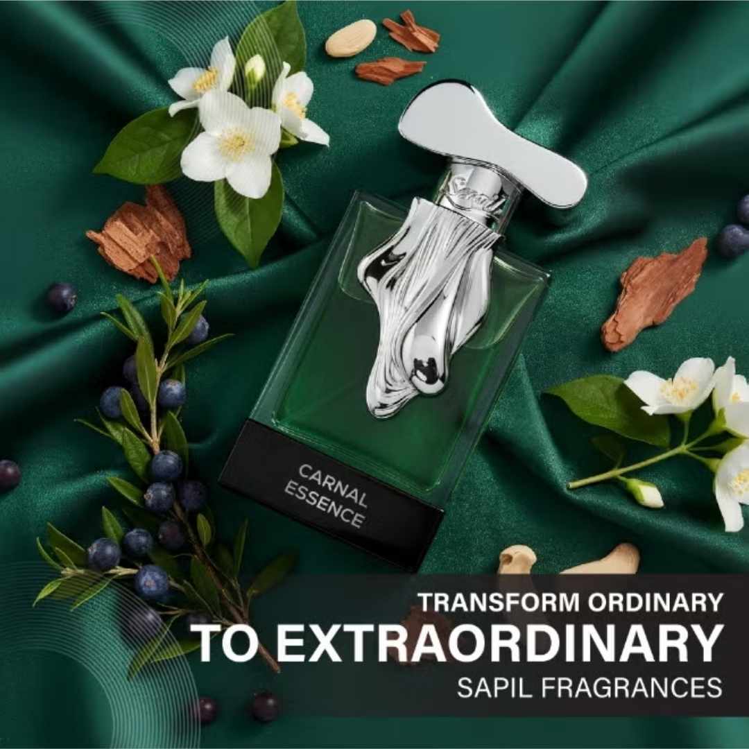 Sapil Carnal Essence Eau De Parfum luxury woody fragrance bottle with juniper berries, jasmine and cedar notes promotional image