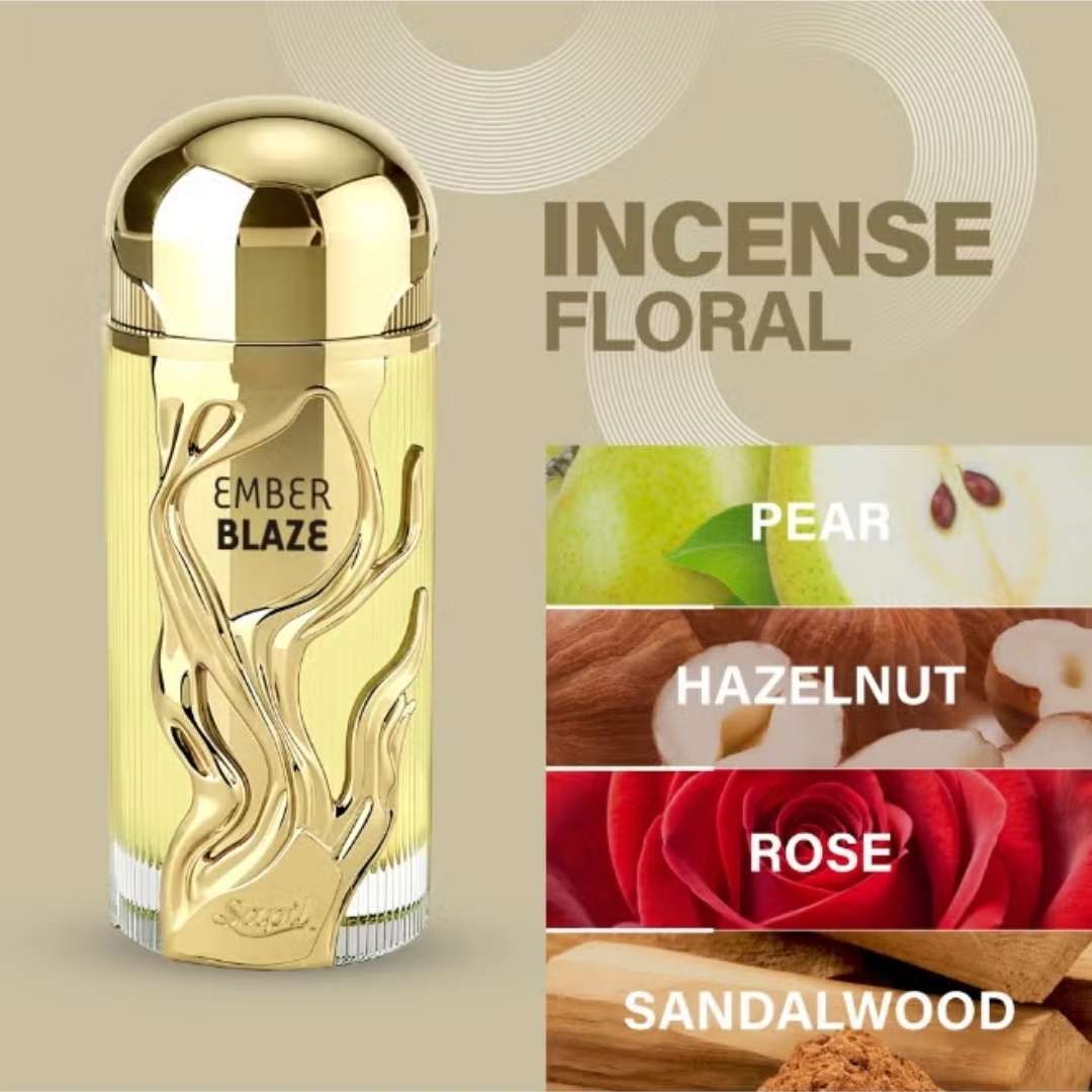 Sapil Ember Blaze Eau De Parfum incense floral fragrance featuring pear, hazelnut, rose, and sandalwood notes in a luxury gold perfume bottle.