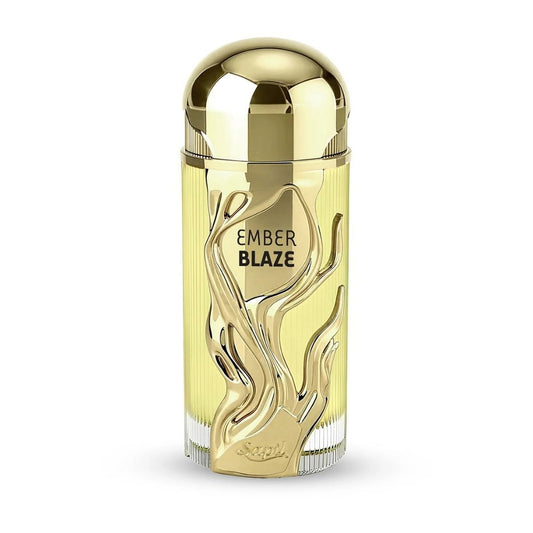Sapil Ember Blaze Eau De Parfum luxury gold perfume bottle with flame-inspired design, premium long-lasting fragrance.