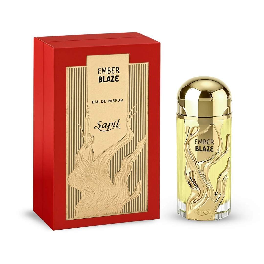 Sapil Ember Blaze Eau De Parfum luxury perfume bottle with red packaging box, elegant gold design fragrance for men.