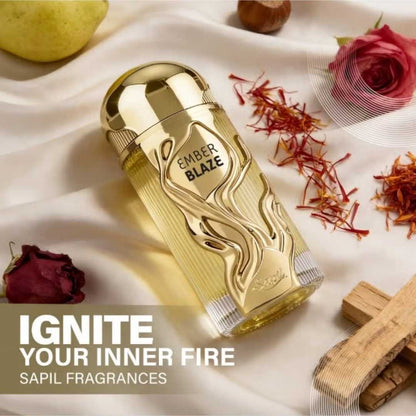Sapil Ember Blaze Eau De Parfum luxury gold perfume bottle with saffron, rose, and woody notes styled with “Ignite Your Inner Fire” branding.