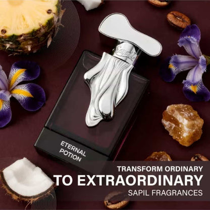 Sapil Eternal Potion Eau De Parfum luxury fragrance bottle with tropical pineapple, coconut, flowers and coffee notes promotional perfume image