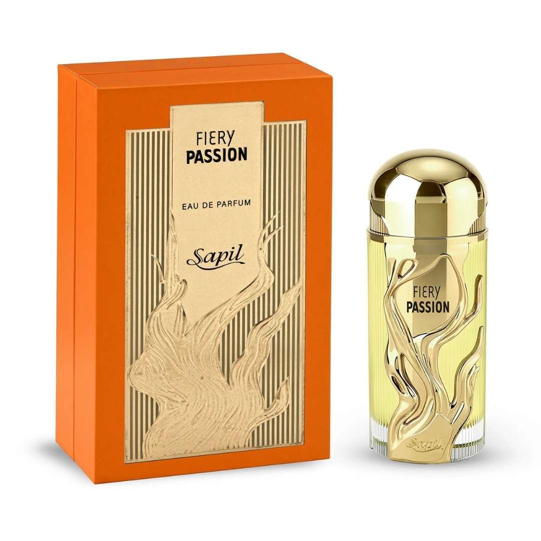 Sapil Fiery Passion Eau De Parfum luxury perfume bottle with gold cap and orange packaging box elegant fragrance by Sapil