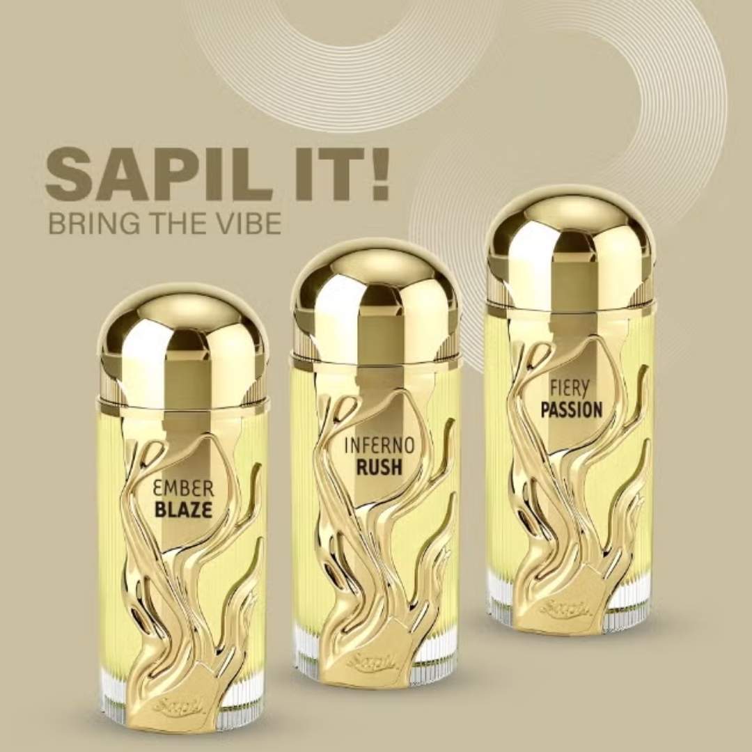 Sapil fragrance collection featuring Ember Blaze, Inferno Rush and Fiery Passion luxury perfume bottles with gold design and “Sapil It Bring The Vibe” branding.