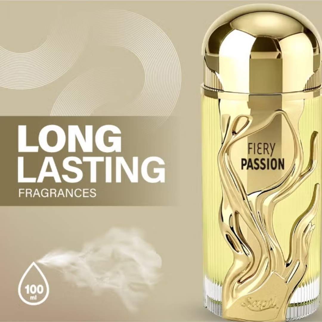 Sapil Fiery Passion Eau De Parfum long lasting luxury fragrance 100ml perfume bottle with gold cap and elegant flame design.