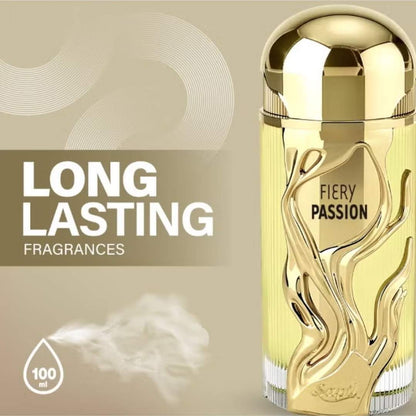 Sapil Fiery Passion Eau De Parfum long lasting luxury fragrance 100ml perfume bottle with gold cap and elegant flame design.