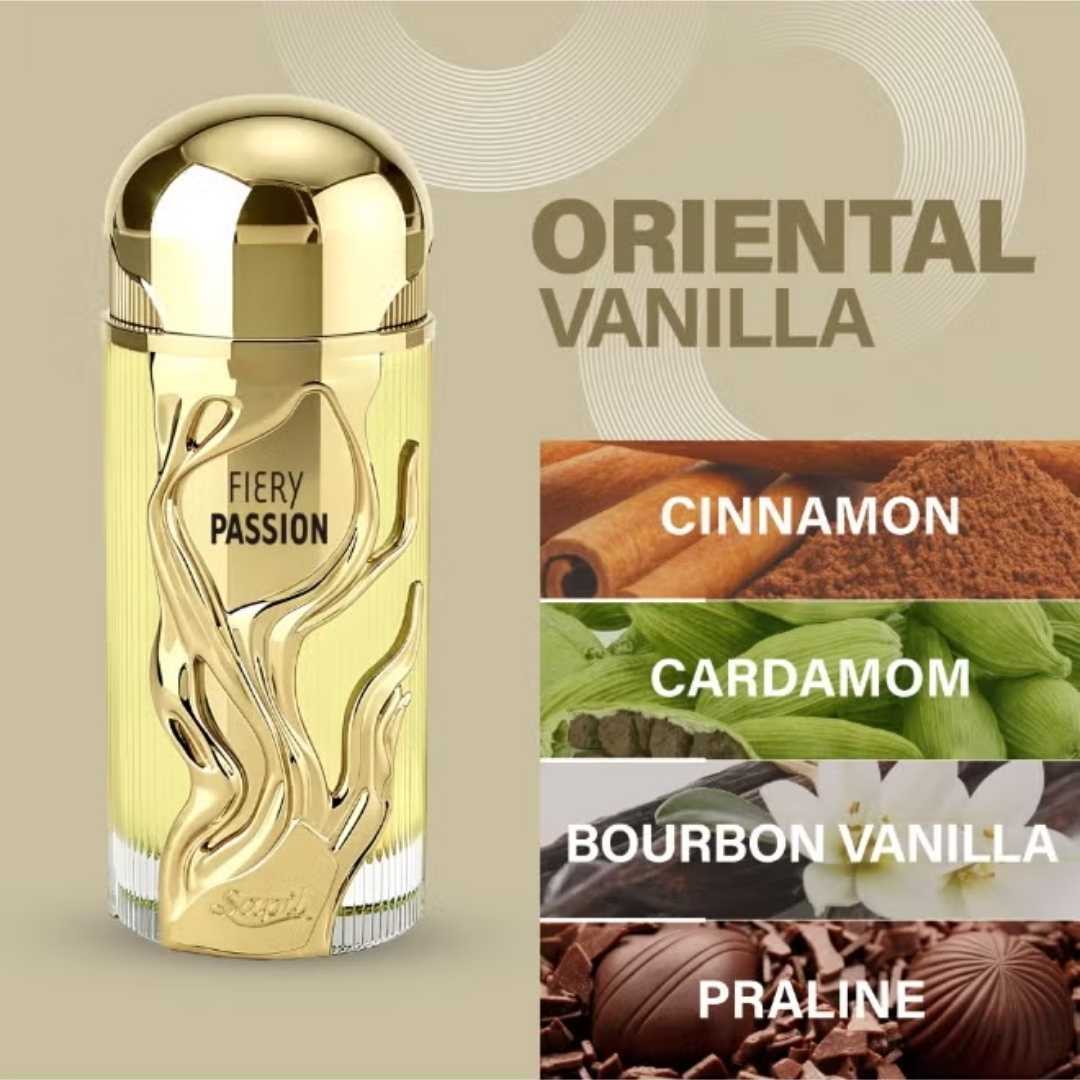 Sapil Fiery Passion Eau De Parfum oriental vanilla fragrance with cinnamon, cardamom, bourbon vanilla and praline notes luxury perfume bottle.