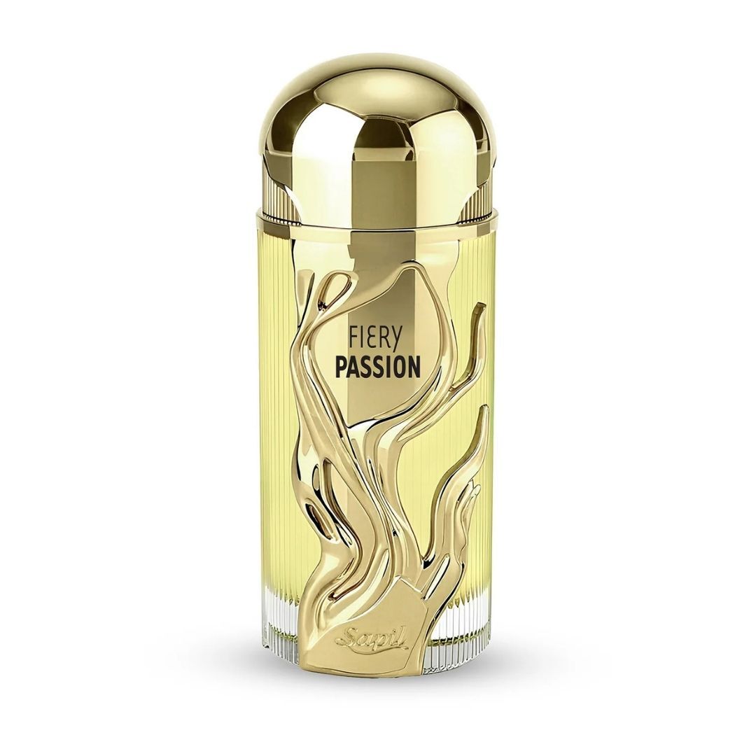 Sapil Fiery Passion Eau De Parfum luxury perfume bottle with gold cap and elegant flame design fragrance by Sapil.