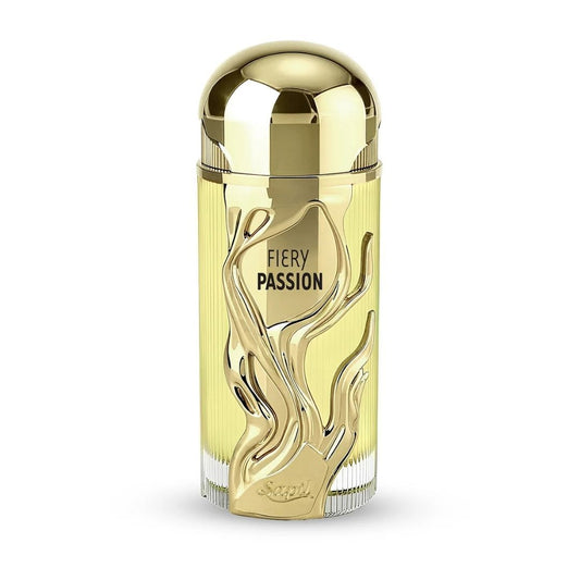 Sapil Fiery Passion Eau De Parfum luxury perfume bottle with gold cap and elegant flame design fragrance by Sapil.