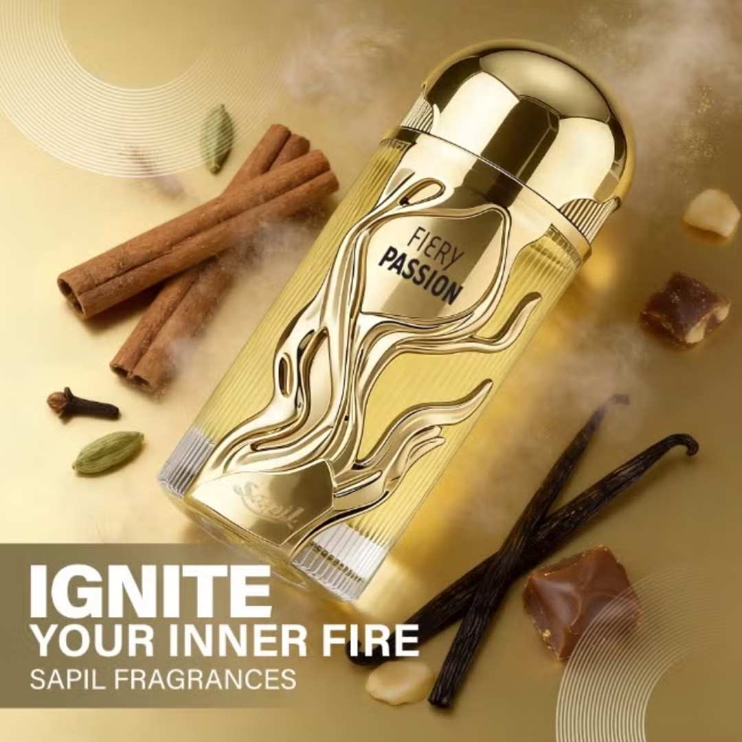 Sapil Fiery Passion Eau De Parfum luxury perfume bottle with cinnamon, vanilla and spice notes promotional fragrance image “Ignite Your Inner Fire”.