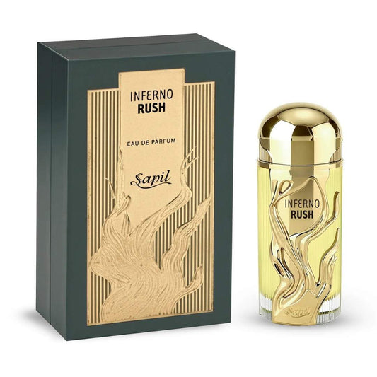 Sapil Inferno Rush Eau De Parfum luxury perfume bottle with gold cap and premium dark green packaging box.