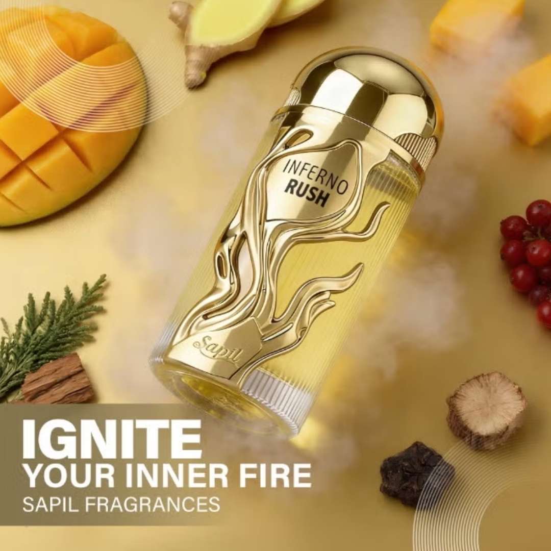 Sapil Inferno Rush Eau De Parfum luxury fruity woody fragrance with mango and spices, gold perfume bottle with “Ignite Your Inner Fire” branding.