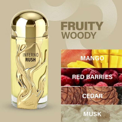 Sapil Inferno Rush Eau De Parfum fruity woody fragrance with mango, red berries, cedar and musk notes luxury perfume bottle.